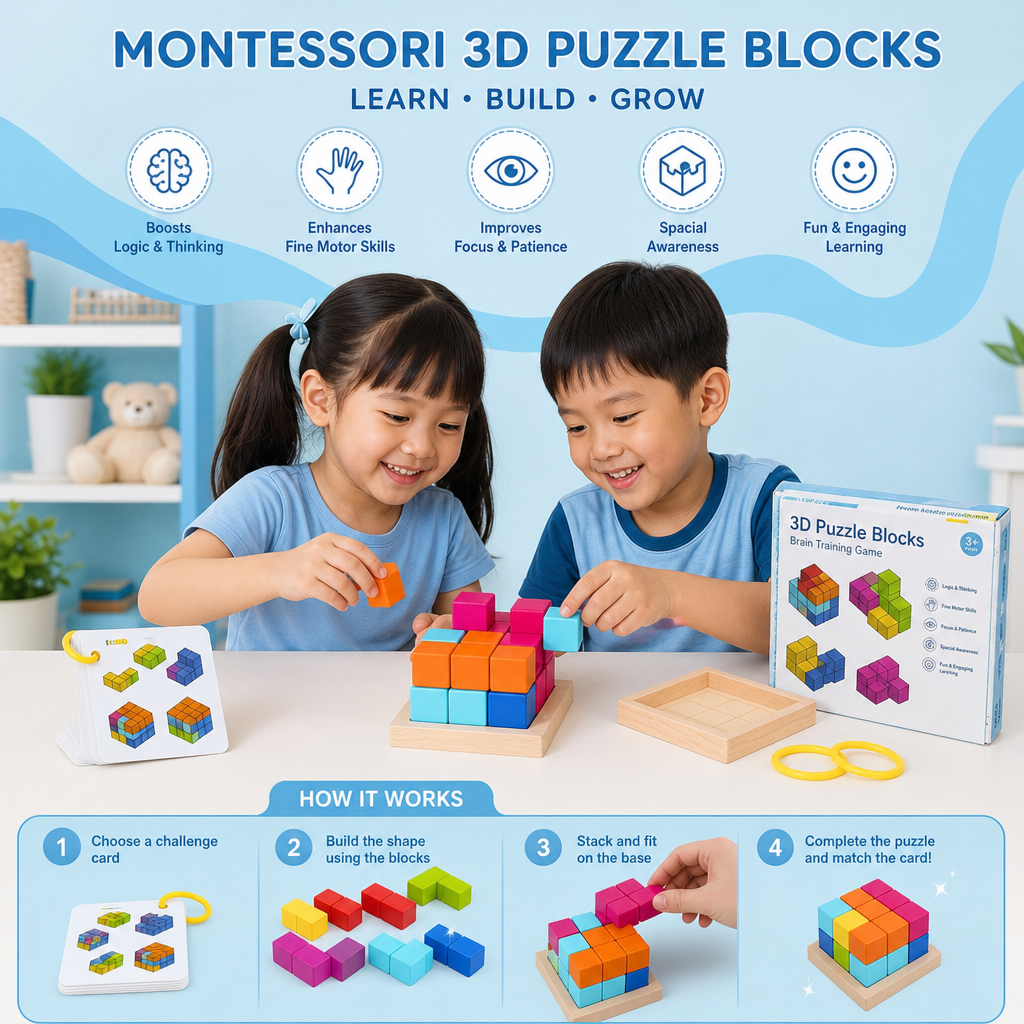 Montessori 3D Wooden Puzzle Blocks – Colorful Geometry & STEM Brain Training Game