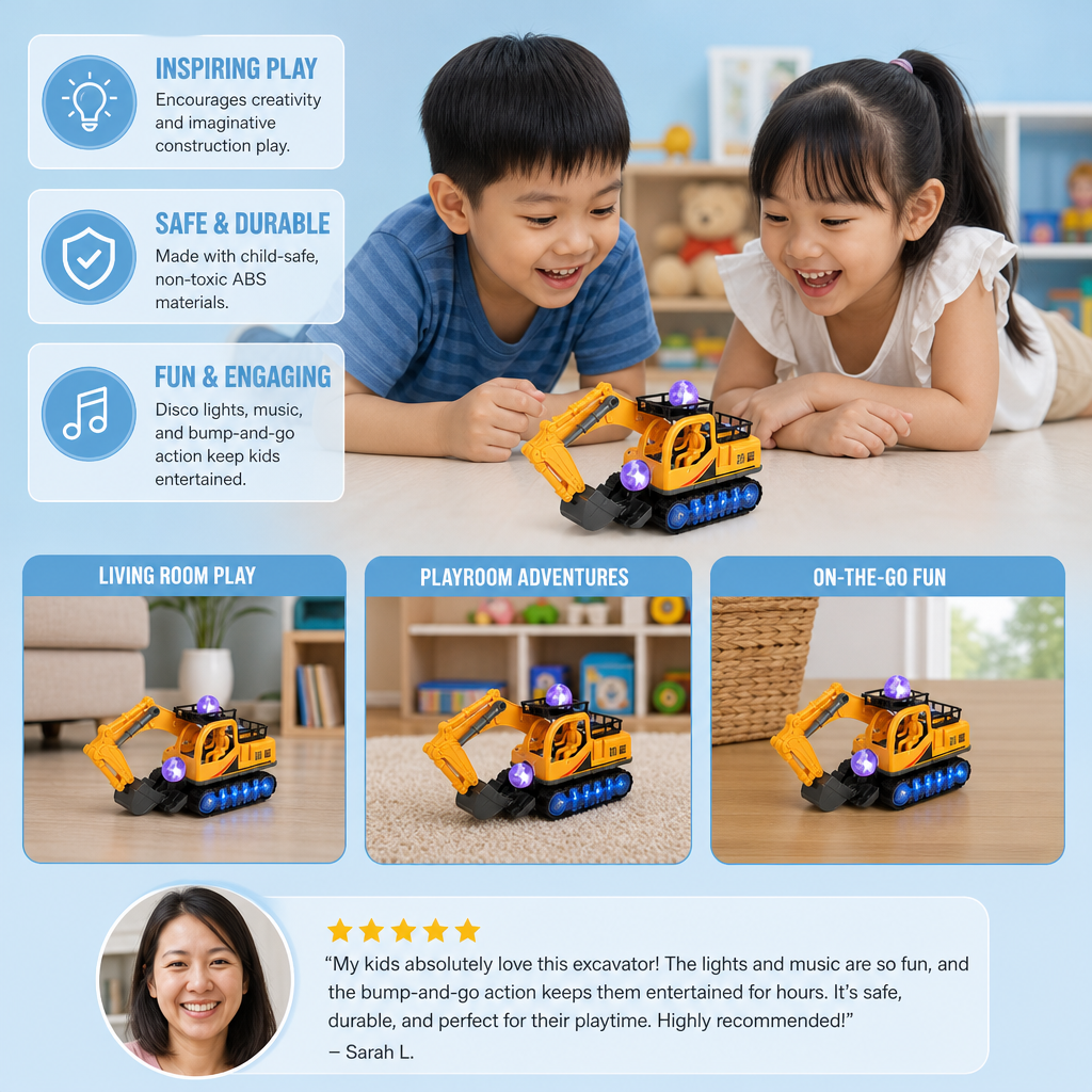 Electric Excavator Toy with Disco Ball, Music & Bump-and-Go Action