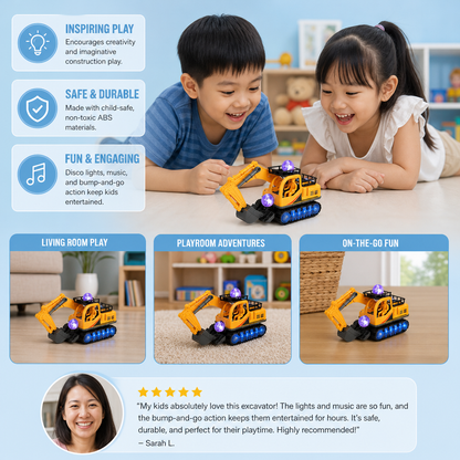 Electric Excavator Toy with Disco Ball, Music & Bump-and-Go Action