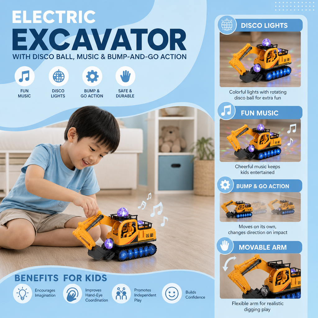 Electric Excavator Toy with Disco Ball, Music & Bump-and-Go Action