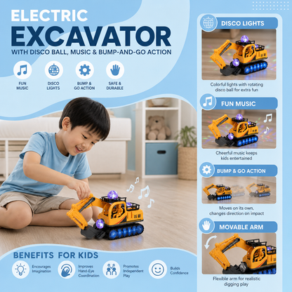Electric Excavator Toy with Disco Ball, Music & Bump-and-Go Action