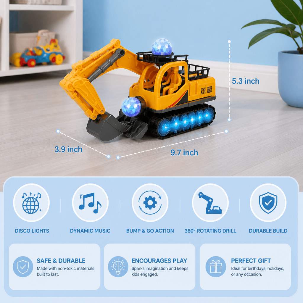 Electric Excavator Toy with Disco Ball, Music & Bump-and-Go Action