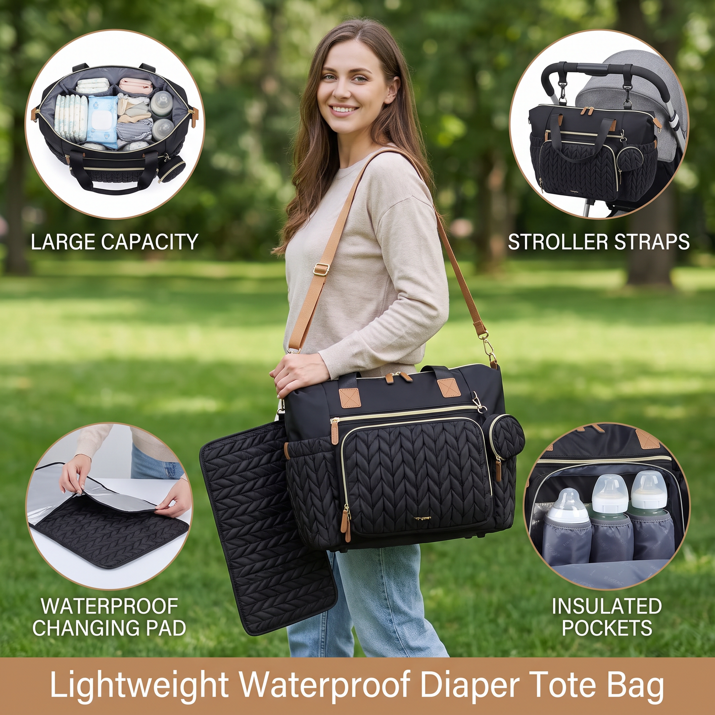 Lightweight Waterproof Diaper Tote Bag – Large Capacity with Changing Pad & Pacifier Case