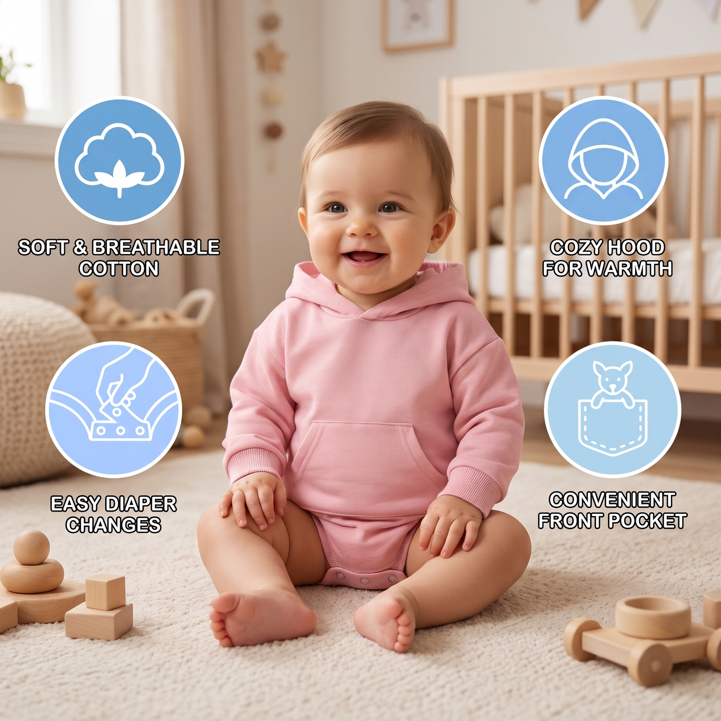 Hooded Baby Romper – Soft Long Sleeve Onesie with Front Pocket