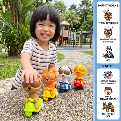 Press & Go Animal Motorcycle Toy – Cute Hide-and-Seek Character Car