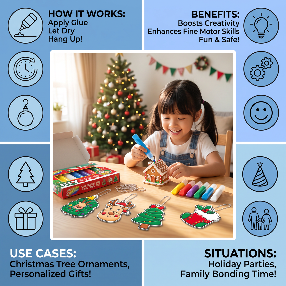 DIY Christmas No-Bake Glue Painting Ornament Craft Kit for Kids