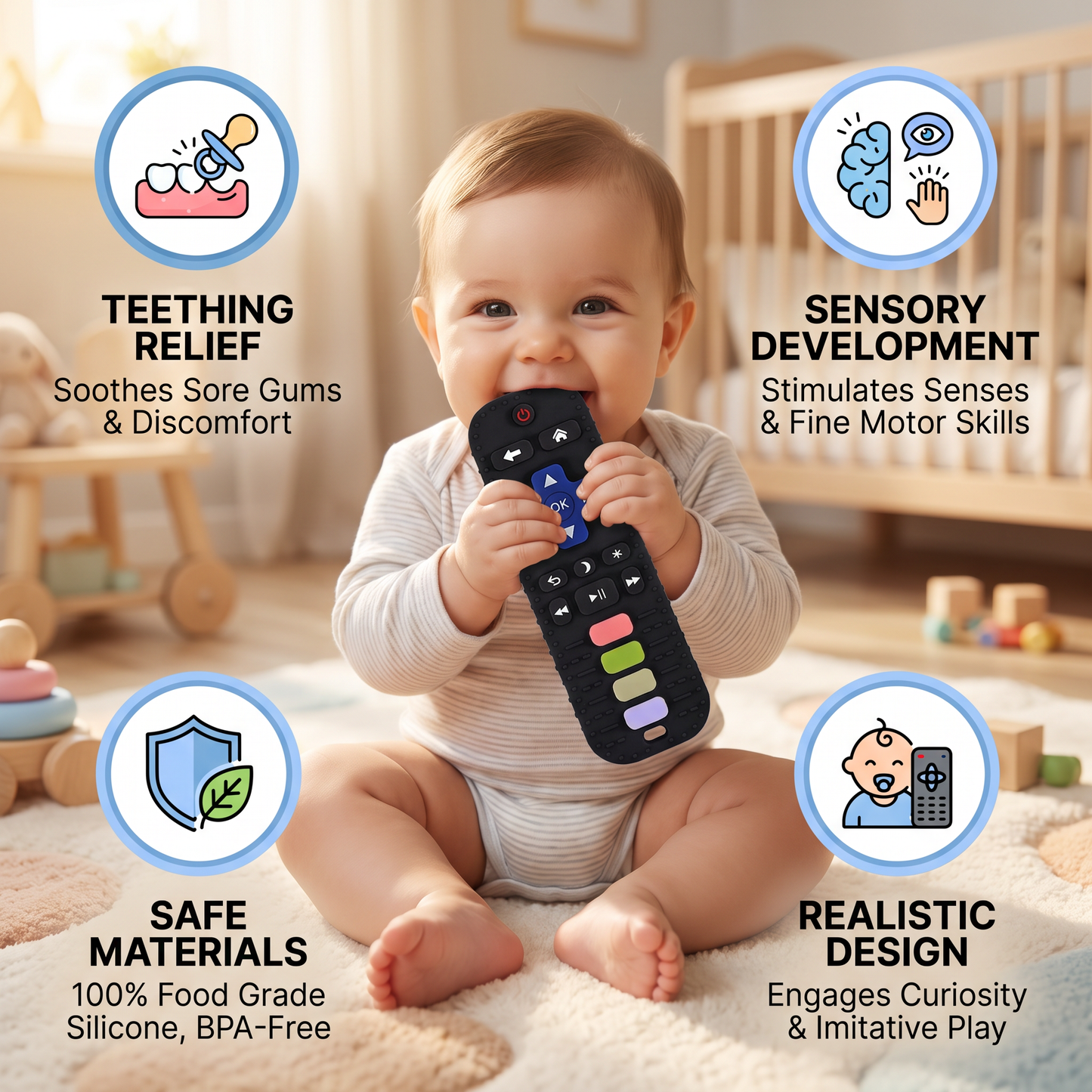 Silicone Remote Control Baby Teether – BPA-Free Sensory Chew Toy