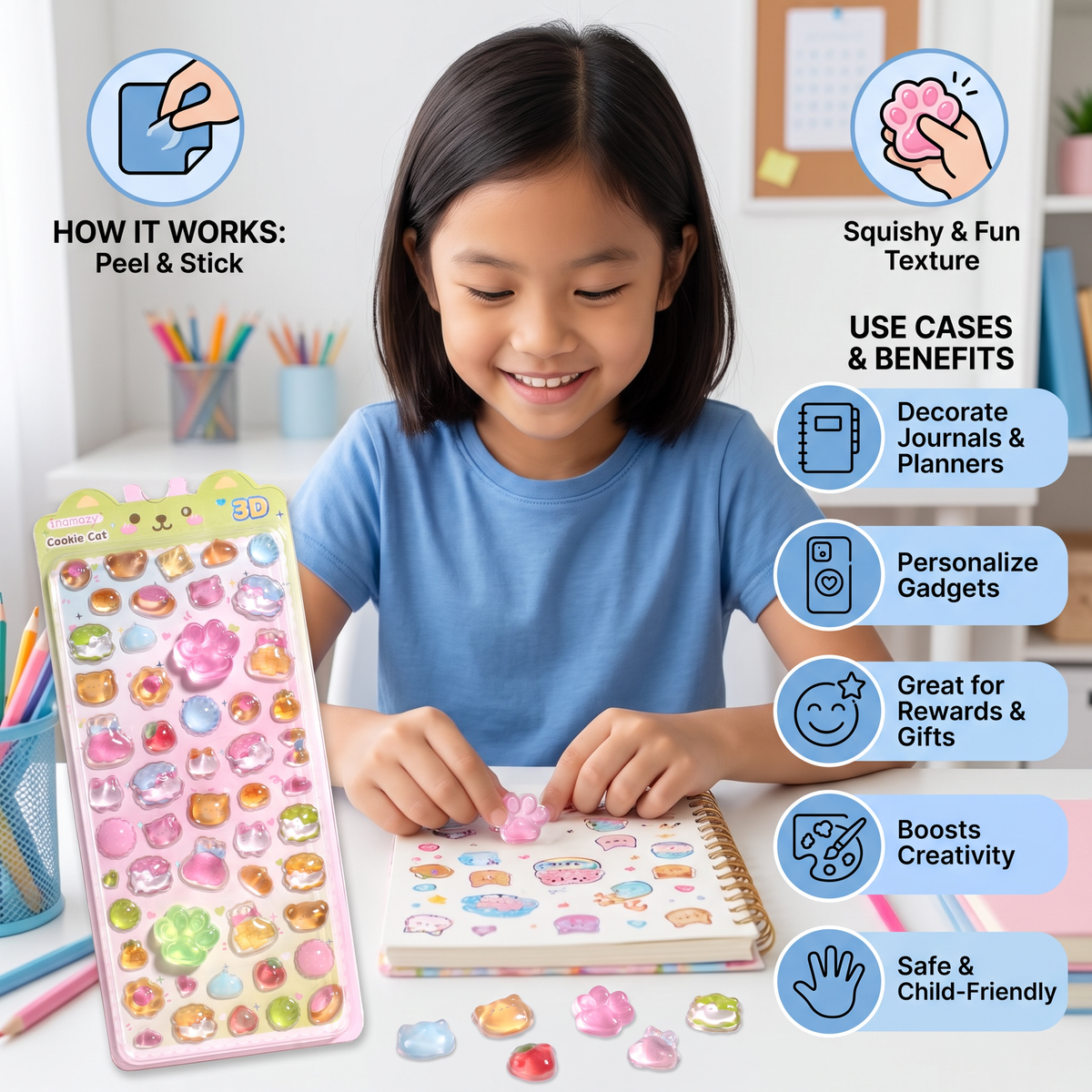 3D Squishy Pet Paw Stickers – Cute Puffy Stickers for Kids