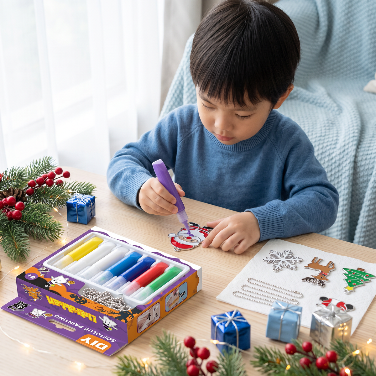 DIY Christmas No-Bake Glue Painting Ornament Craft Kit for Kids