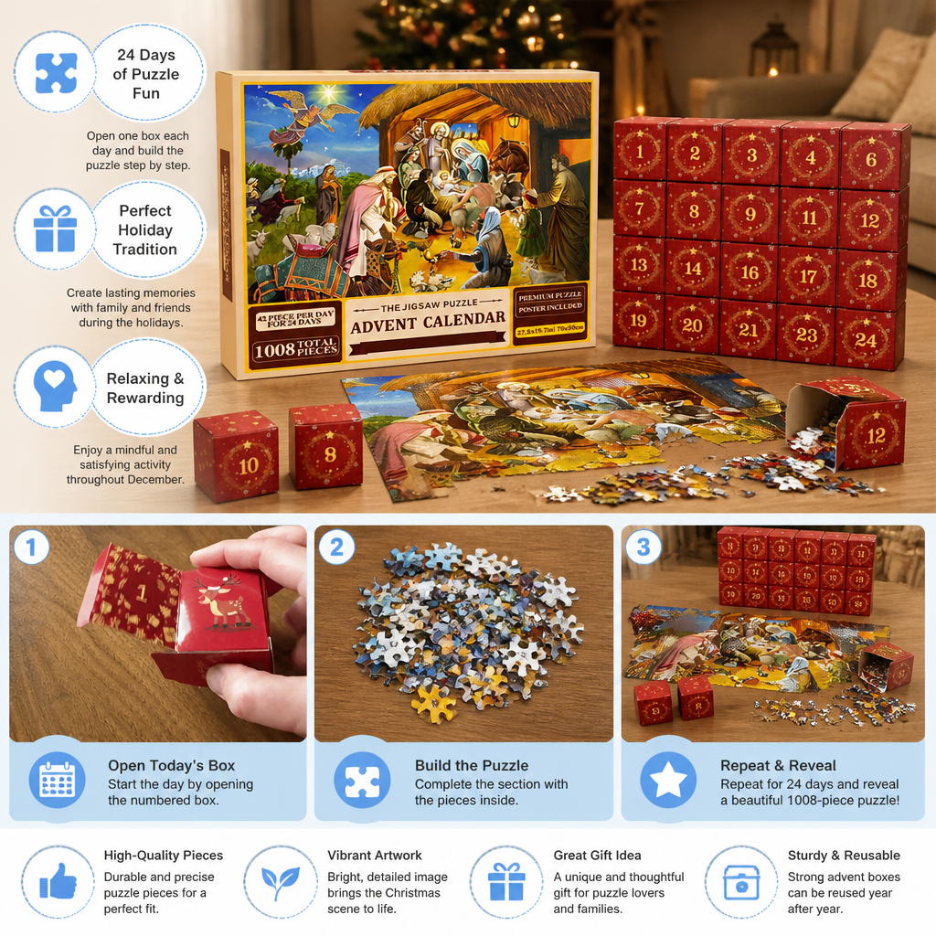 Christmas Jigsaw Puzzle Advent Calendar – 1008-Piece 24-Day Countdown Puzzle Set