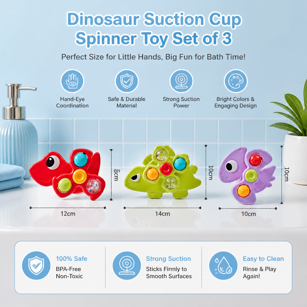 Dinosaur Suction Cup Spinner Toy for Babies & Toddlers Set of 3