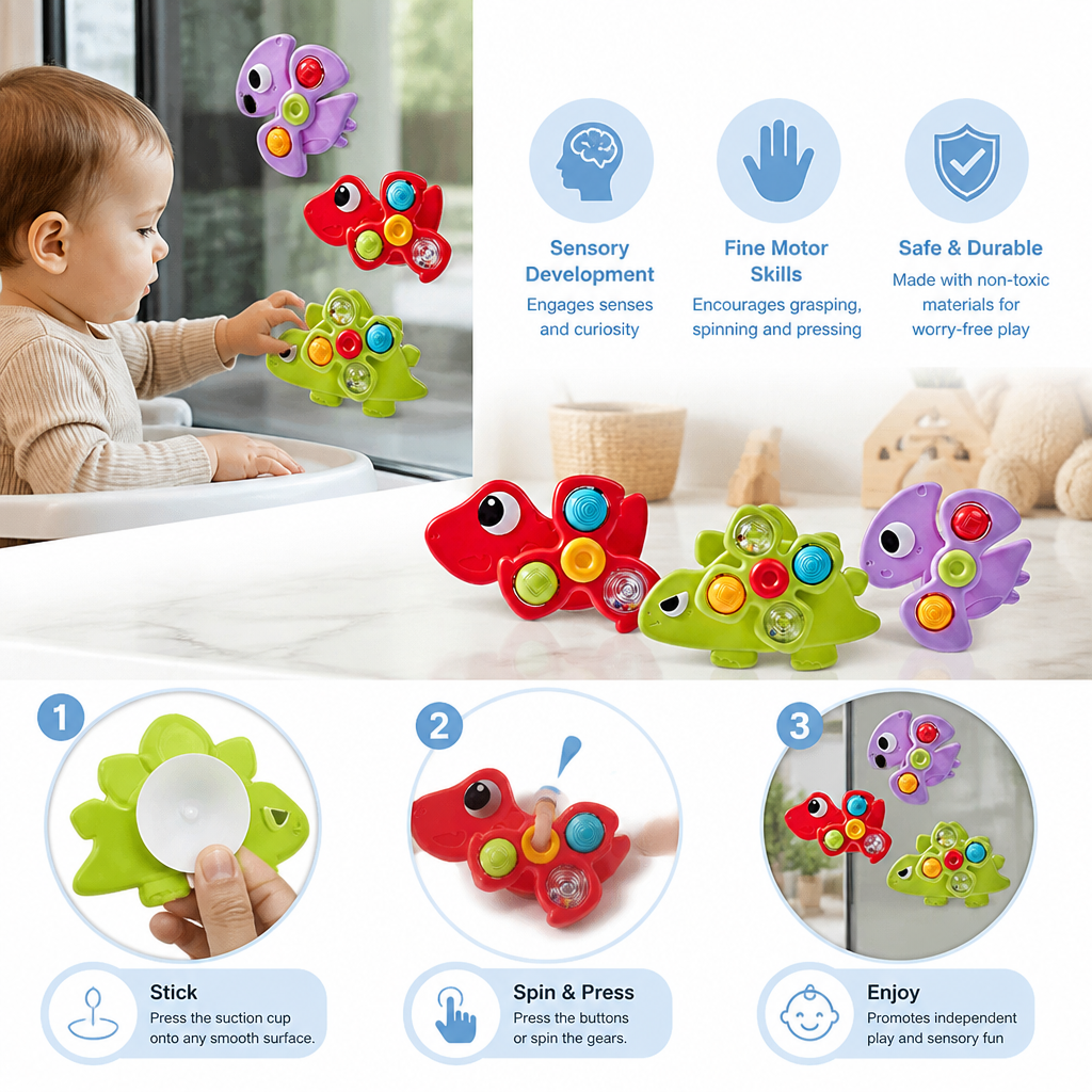 Dinosaur Suction Cup Spinner Toy for Babies & Toddlers Set of 3