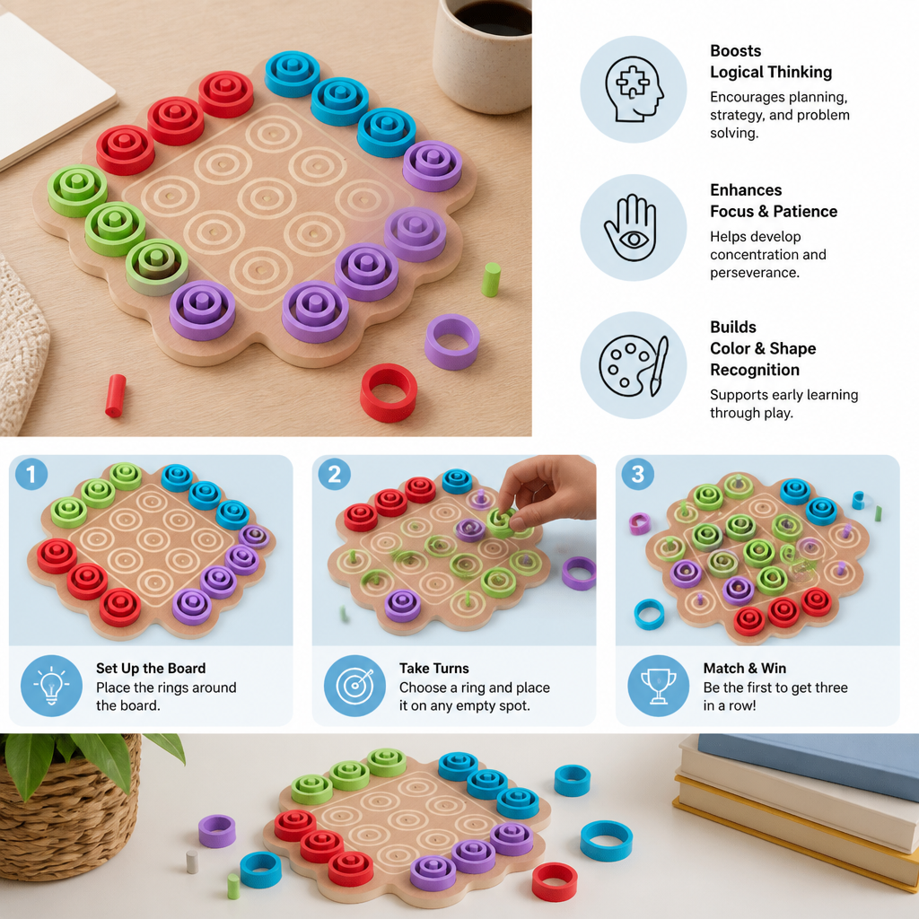 Early Educational 3-Level Wooden Tic-Tac-Toe Strategy Game