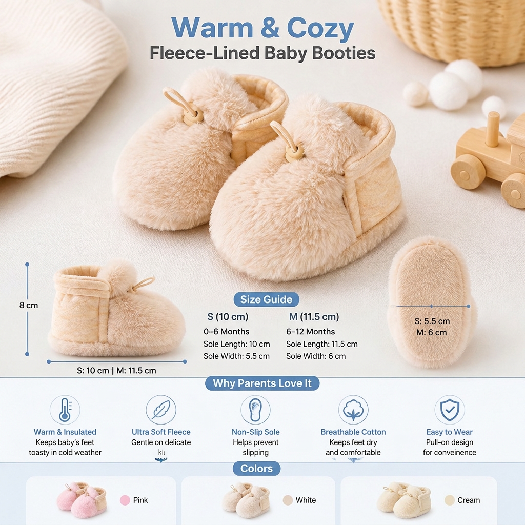 Warm & Cozy Fleece-Lined Cotton Baby Booties with Soft Soles