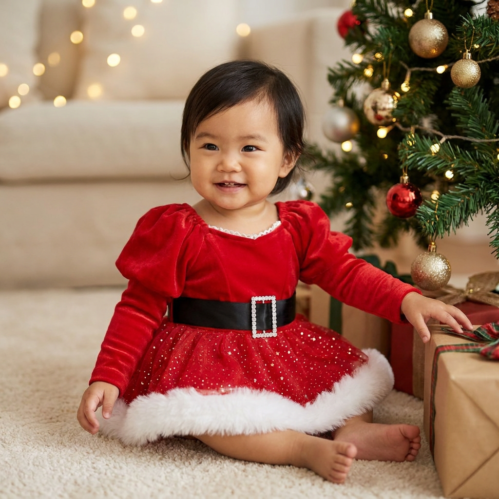 Baby Girl’s My First Christmas Long-Sleeve Romper Dress