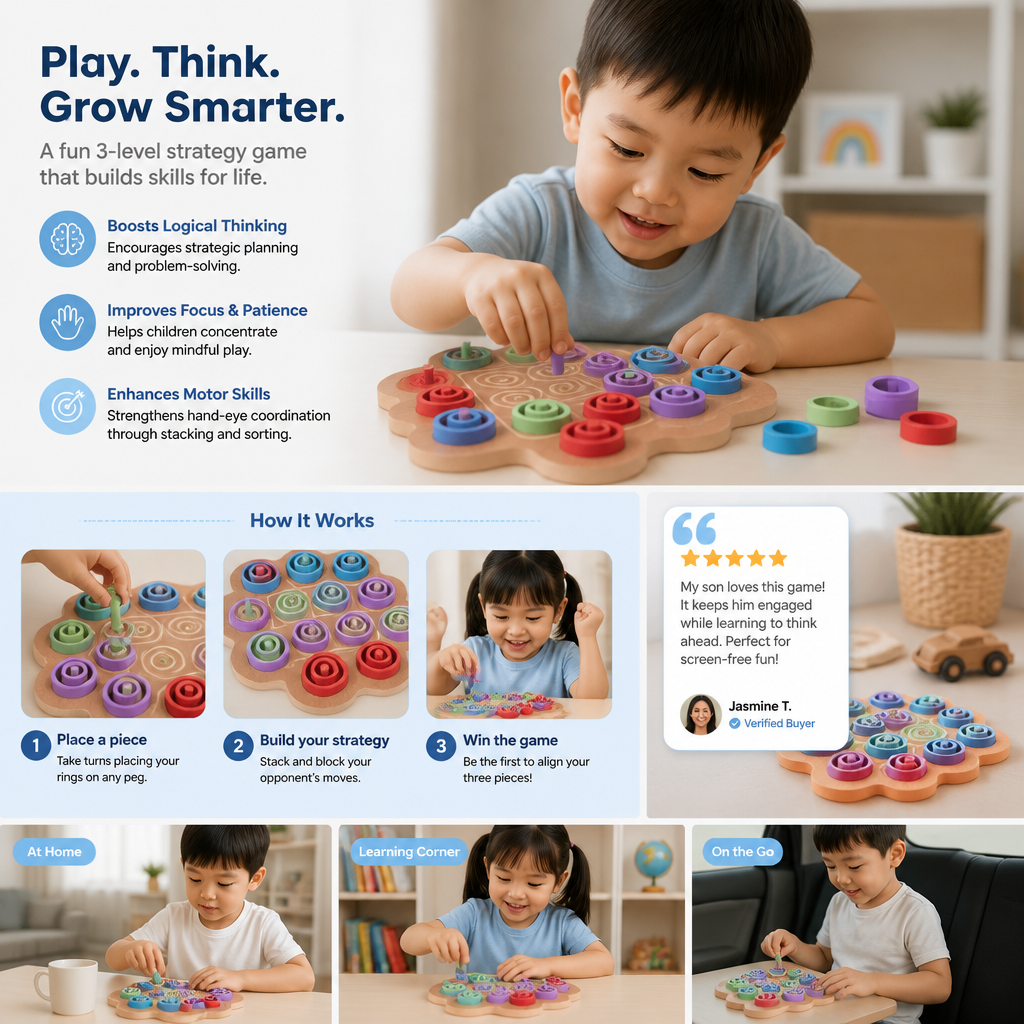Early Educational 3-Level Wooden Tic-Tac-Toe Strategy Game