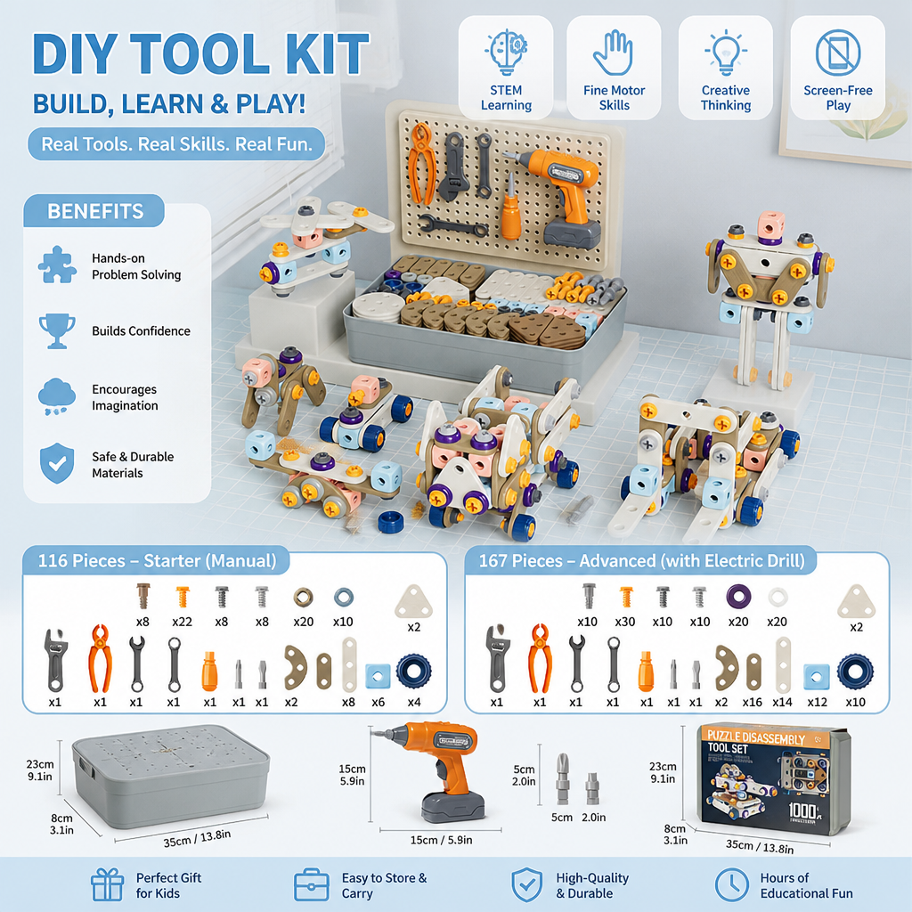Kids’ DIY Tool Kit with Electric Drill – STEM Building Playset