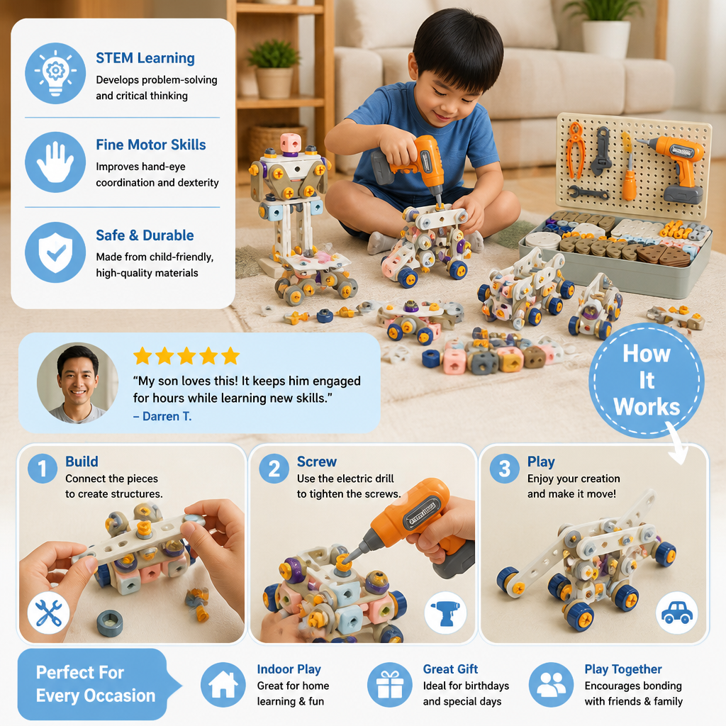 Kids’ DIY Tool Kit with Electric Drill – STEM Building Playset