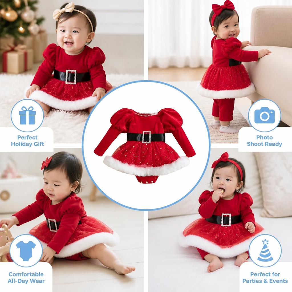 Baby Girl’s My First Christmas Long-Sleeve Romper Dress
