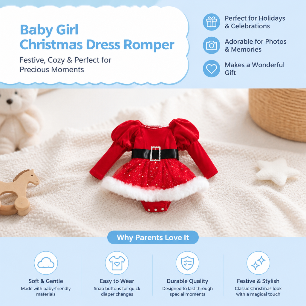 Baby Girl’s My First Christmas Long-Sleeve Romper Dress