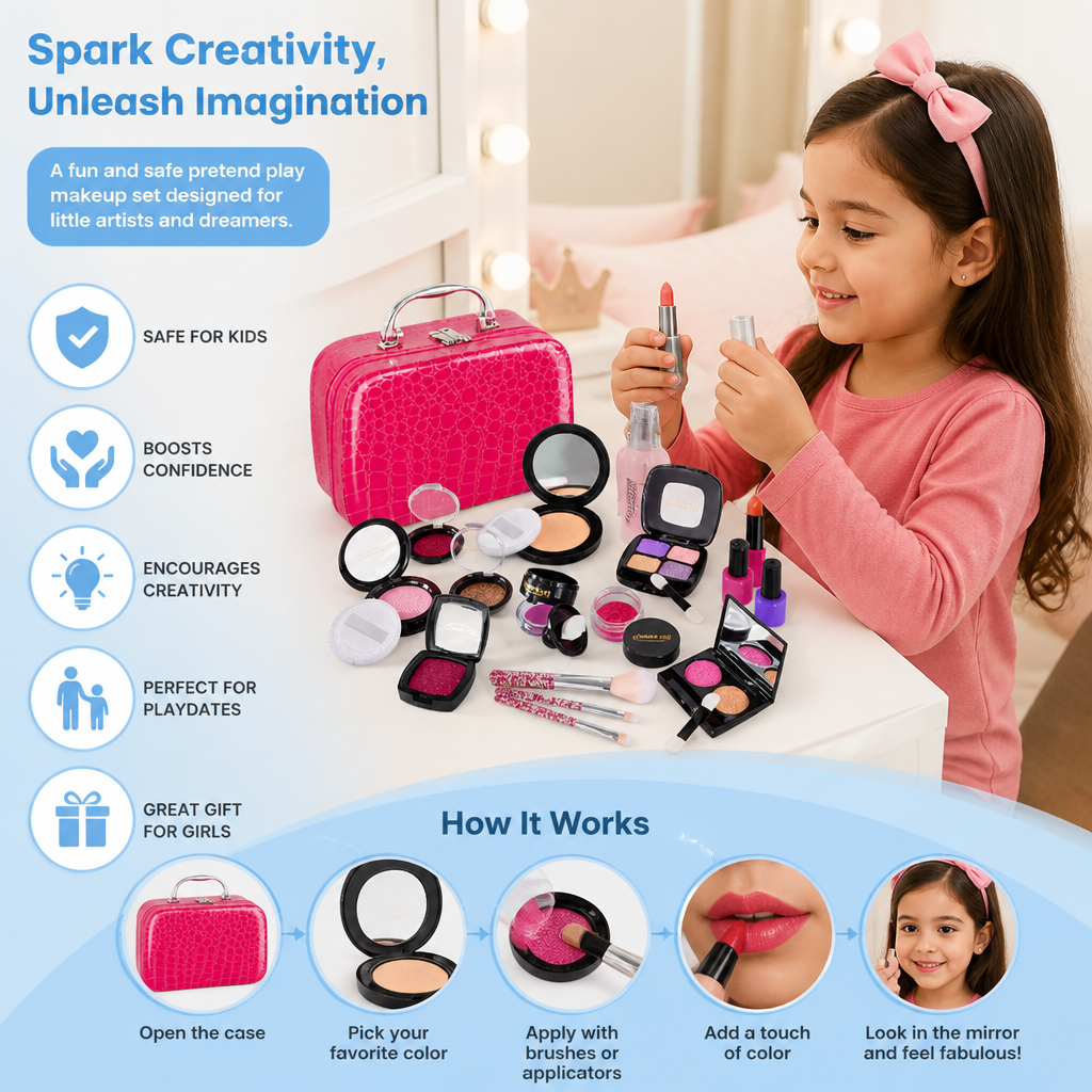Make-up Play Set for Girls – Safe Kids Cosmetic Set with Practical Bag
