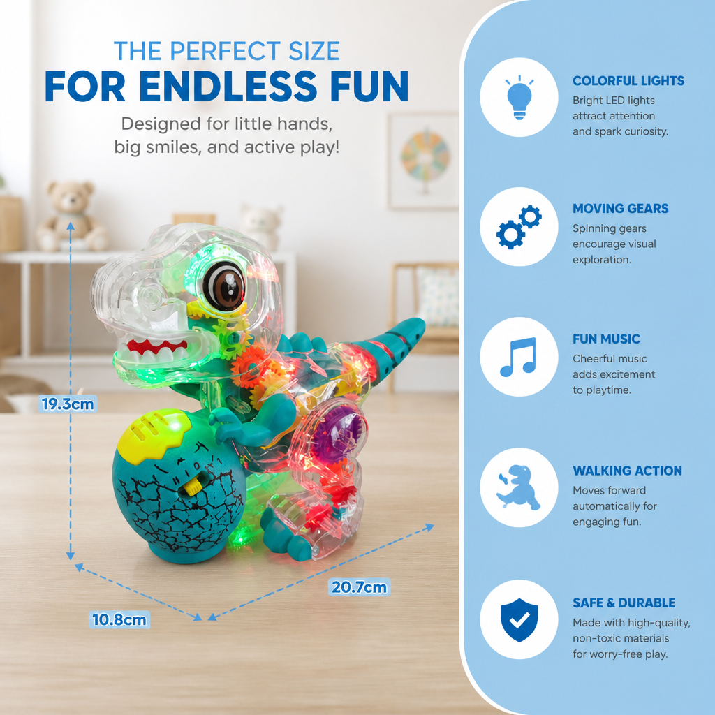 Interactive Light-Up Gear Dinosaur Toy with Music & Walking Action
