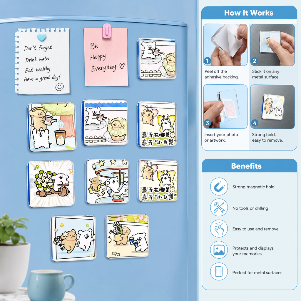 Clear Acrylic Magnetic Photo Frames with Adhesive Backing Set of 5