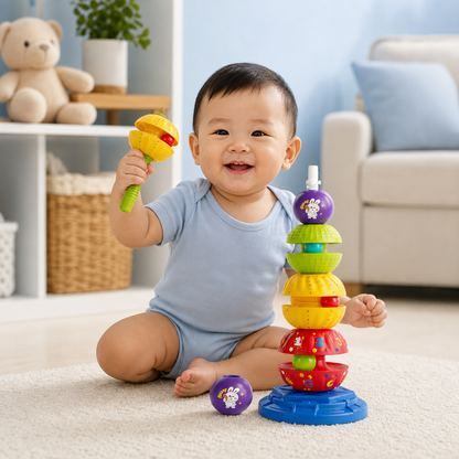 2-in-1 Interactive Rotating Stack & Ball Drop Tower with Rattle for Kids