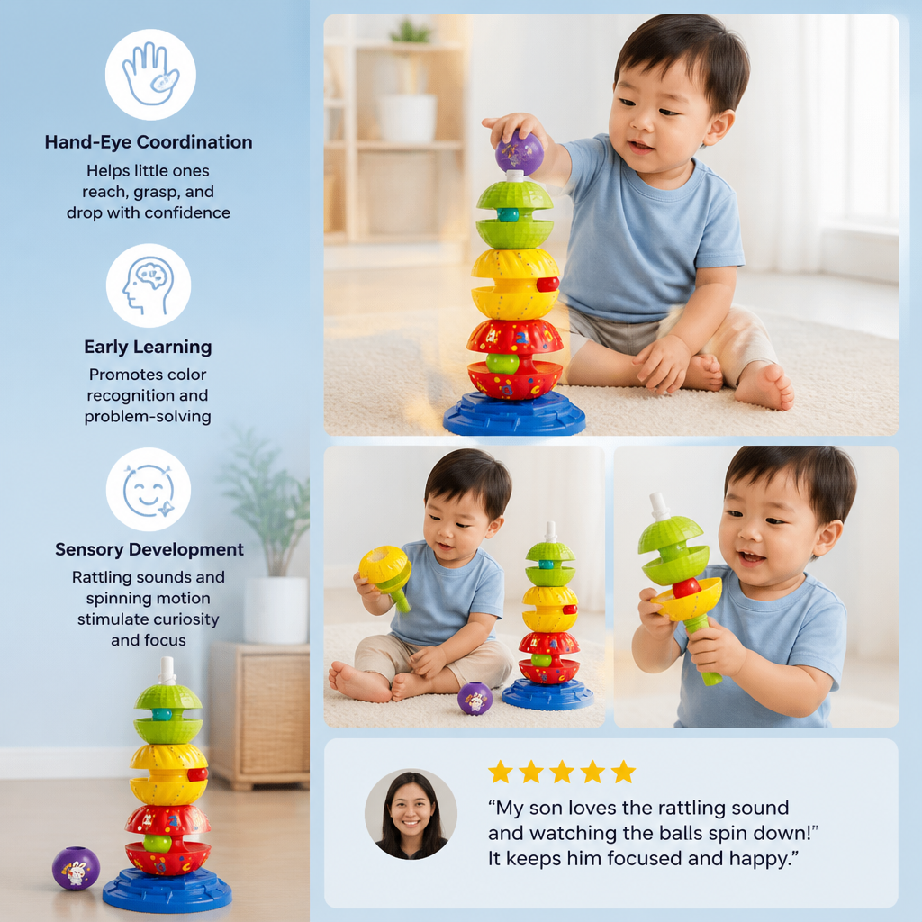 2-in-1 Interactive Rotating Stack & Ball Drop Tower with Rattle for Kids