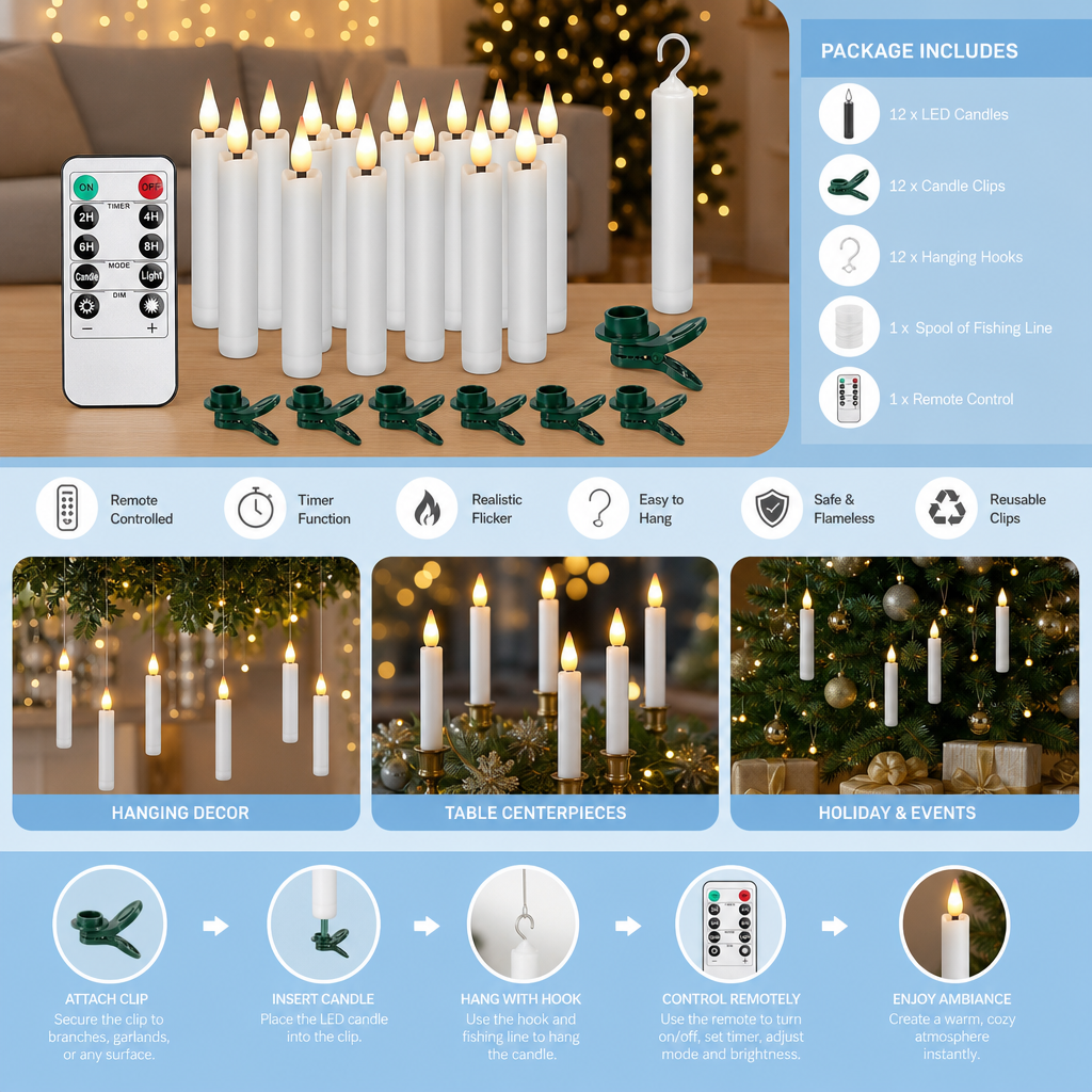 Magic Wand-Controlled Floating LED Candles with Hanging Hooks