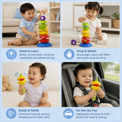 2-in-1 Interactive Rotating Stack & Ball Drop Tower with Rattle for Kids