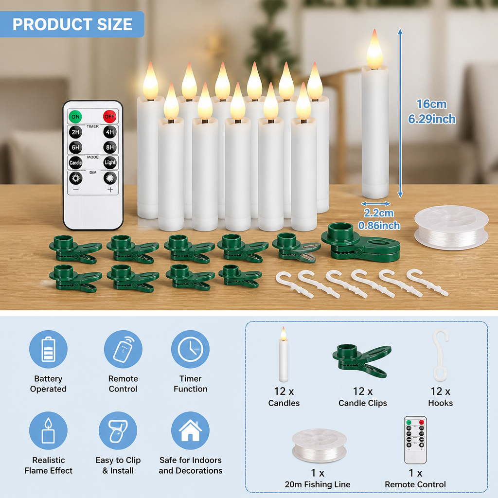 Magic Wand-Controlled Floating LED Candles with Hanging Hooks