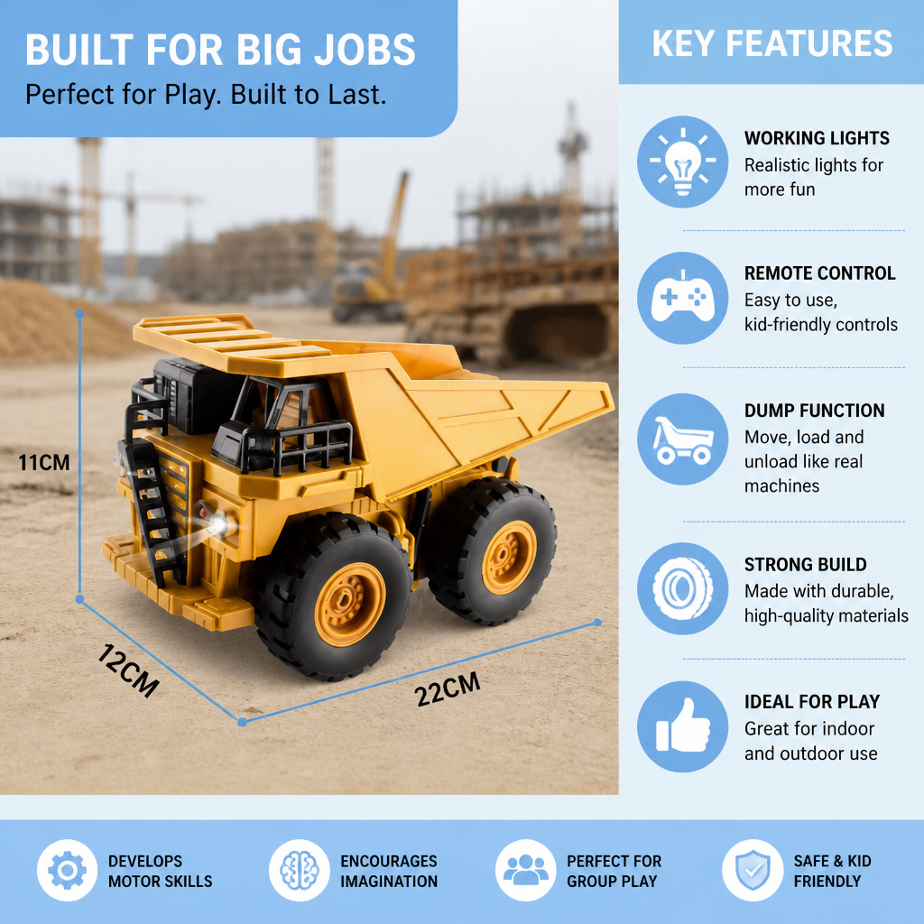 Remote-Controlled Dump Truck with Lights – Construction Vehicle Toy