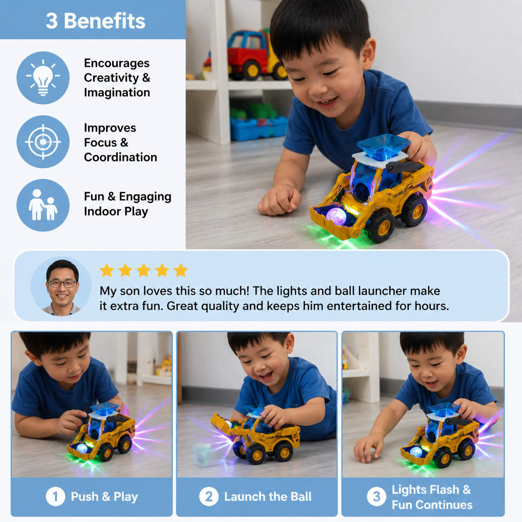 Interactive Light-Up Construction Bulldozer with Ball Launcher for Kids