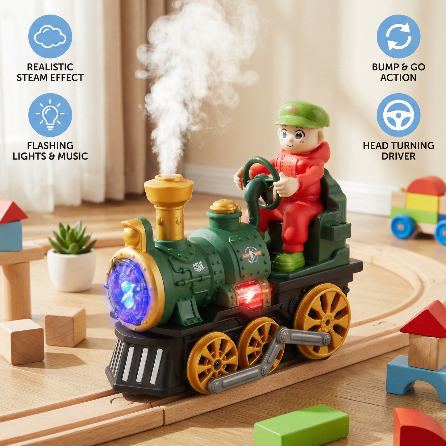 Cute Steam Train Toy with Lights, Music & Realistic Steam Effect