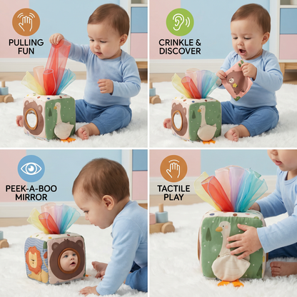 Montessori Baby Sensory Tissue Box – Soft Crinkle & Touch Activity Toy