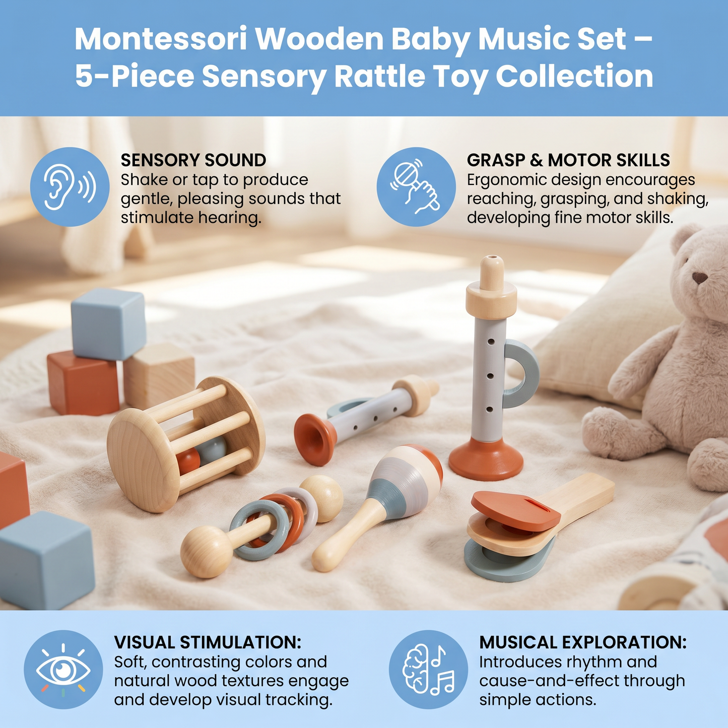 Montessori Wooden Baby Music Set – 5-Piece Sensory Rattle Toy Collection