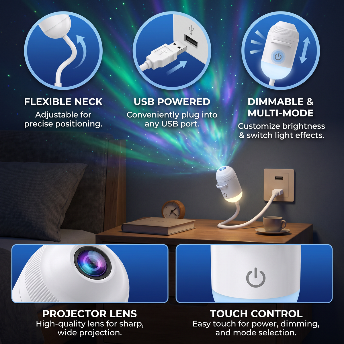NightSky Dimmable USB Galaxy Projector with Stars & Aurora Effects
