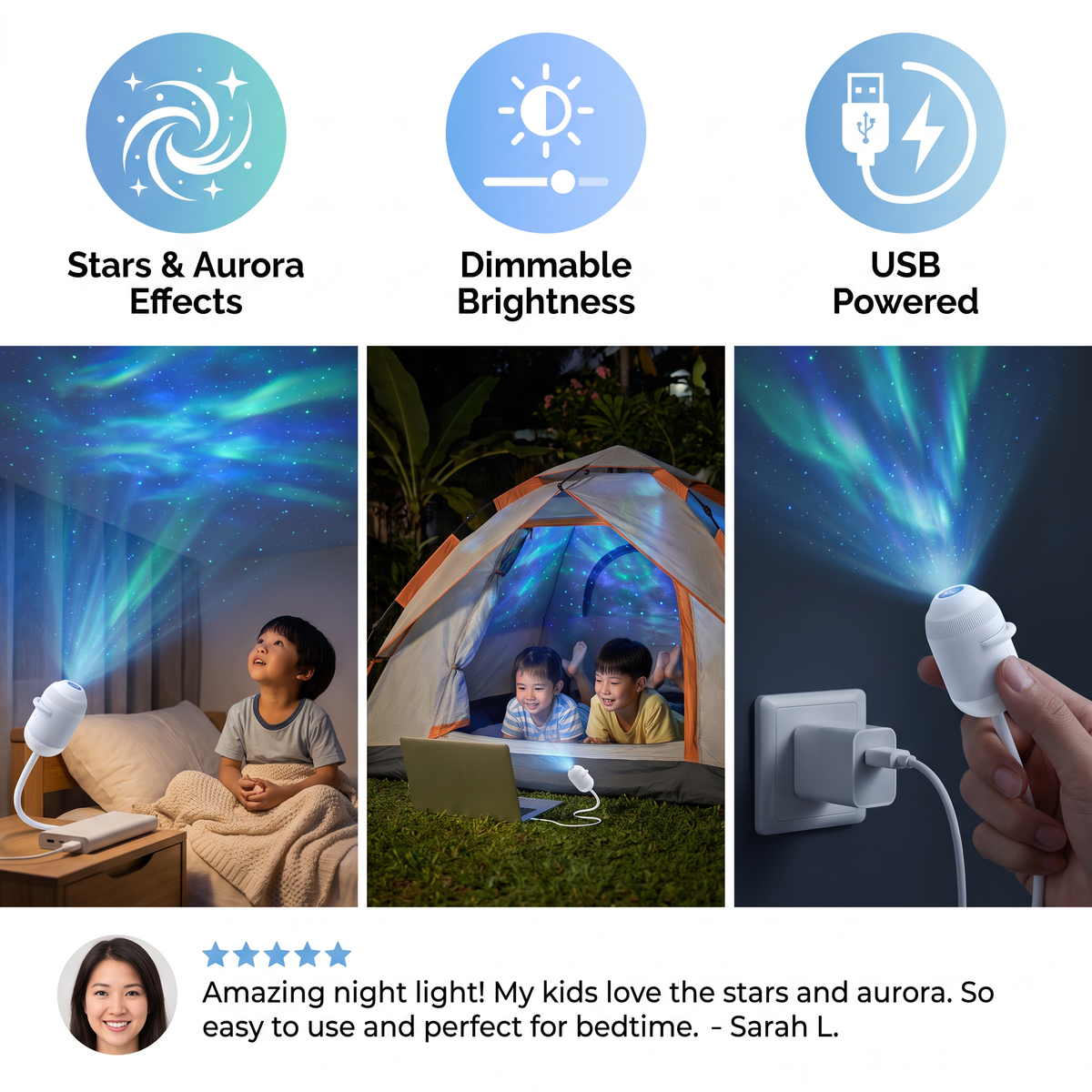 NightSky Dimmable USB Galaxy Projector with Stars & Aurora Effects