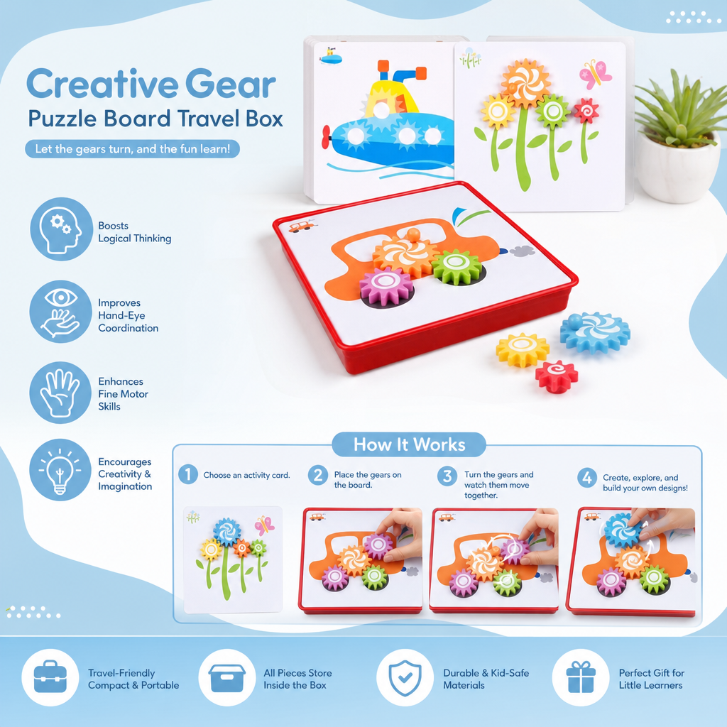 Creative Gear Puzzle Board Travel Box with Activity Cards for Kids