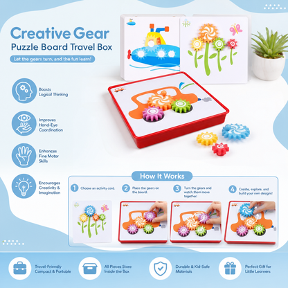 Creative Gear Puzzle Board Travel Box with Activity Cards for Kids