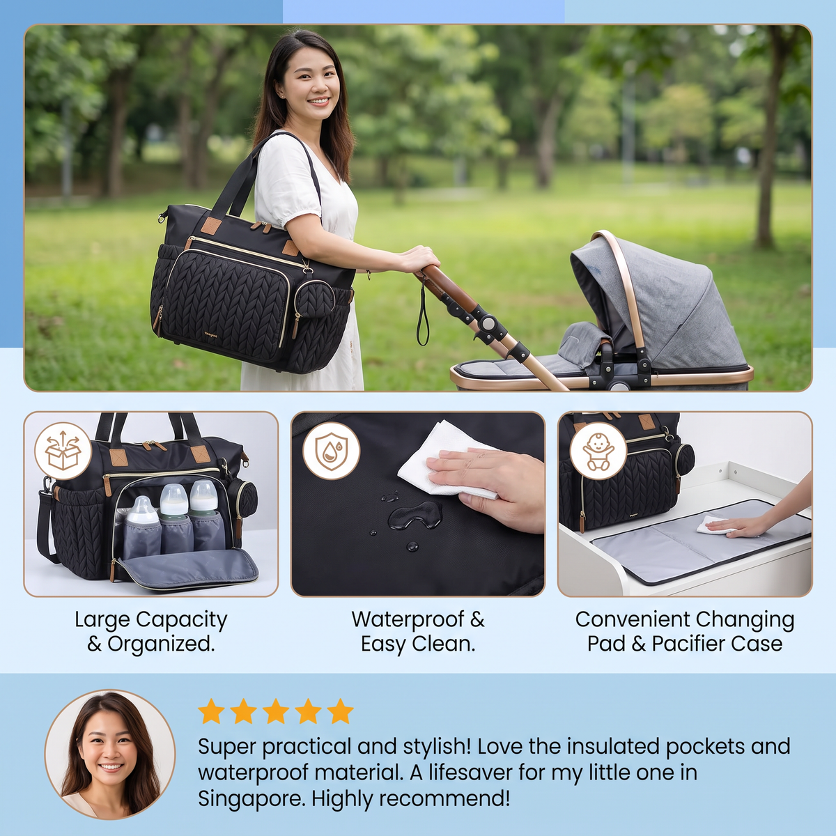 Lightweight Waterproof Diaper Tote Bag – Large Capacity with Changing Pad & Pacifier Case
