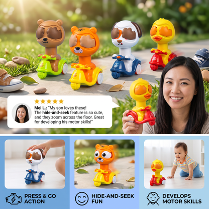 Press & Go Animal Motorcycle Toy – Cute Hide-and-Seek Character Car