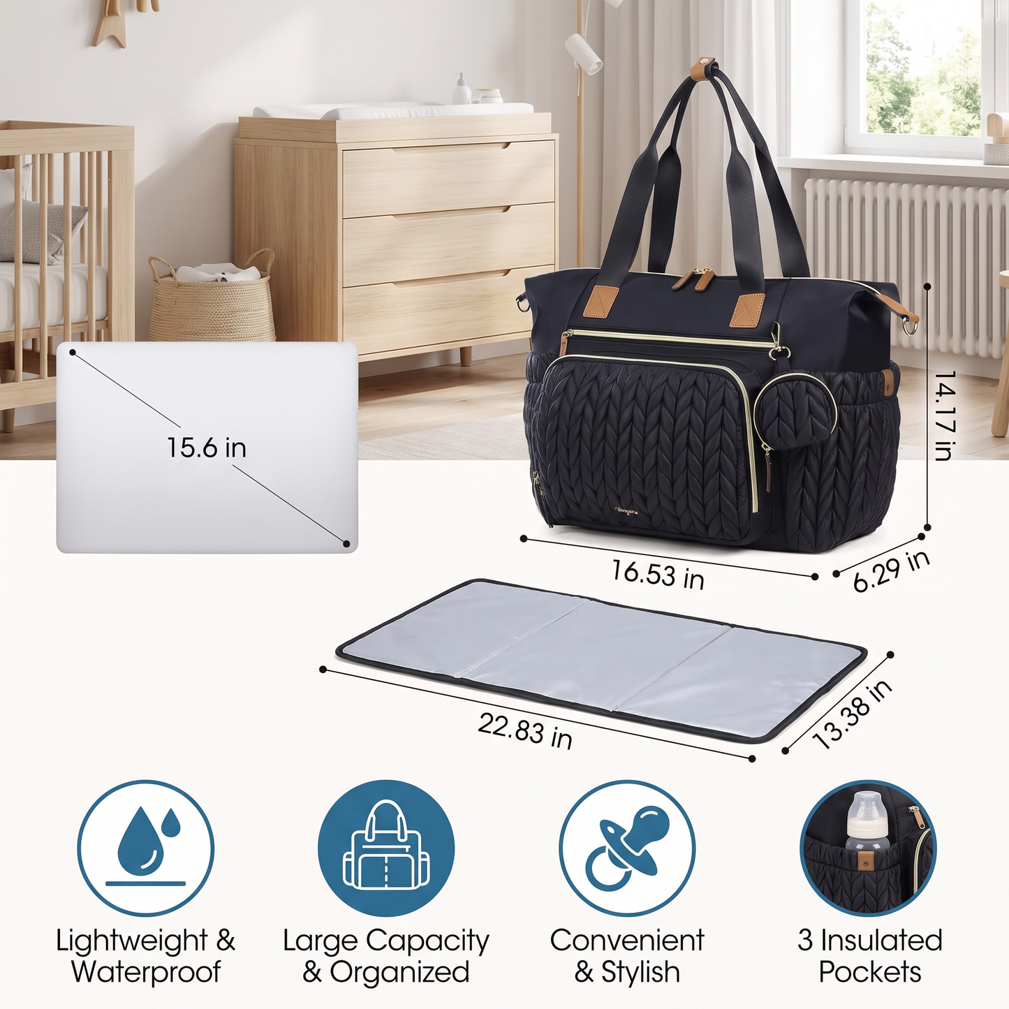 Lightweight Waterproof Diaper Tote Bag – Large Capacity with Changing Pad & Pacifier Case