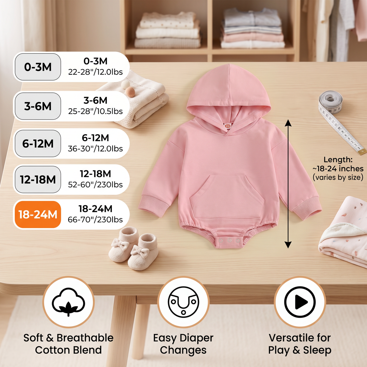 Hooded Baby Romper – Soft Long Sleeve Onesie with Front Pocket