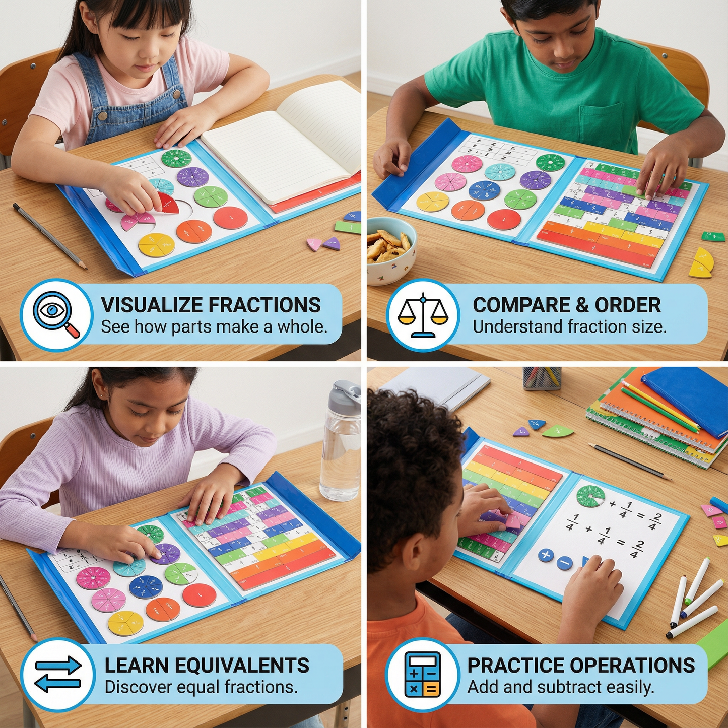 Magnetic Fraction Learning Board for Kids ⎜ Colorful Math Tool for Understanding Fractions and Operations