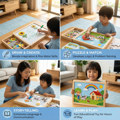 Magnetic Puzzle Board for Children ⎜ Creative Learning Toy with Drawing and Shape Matching Functions