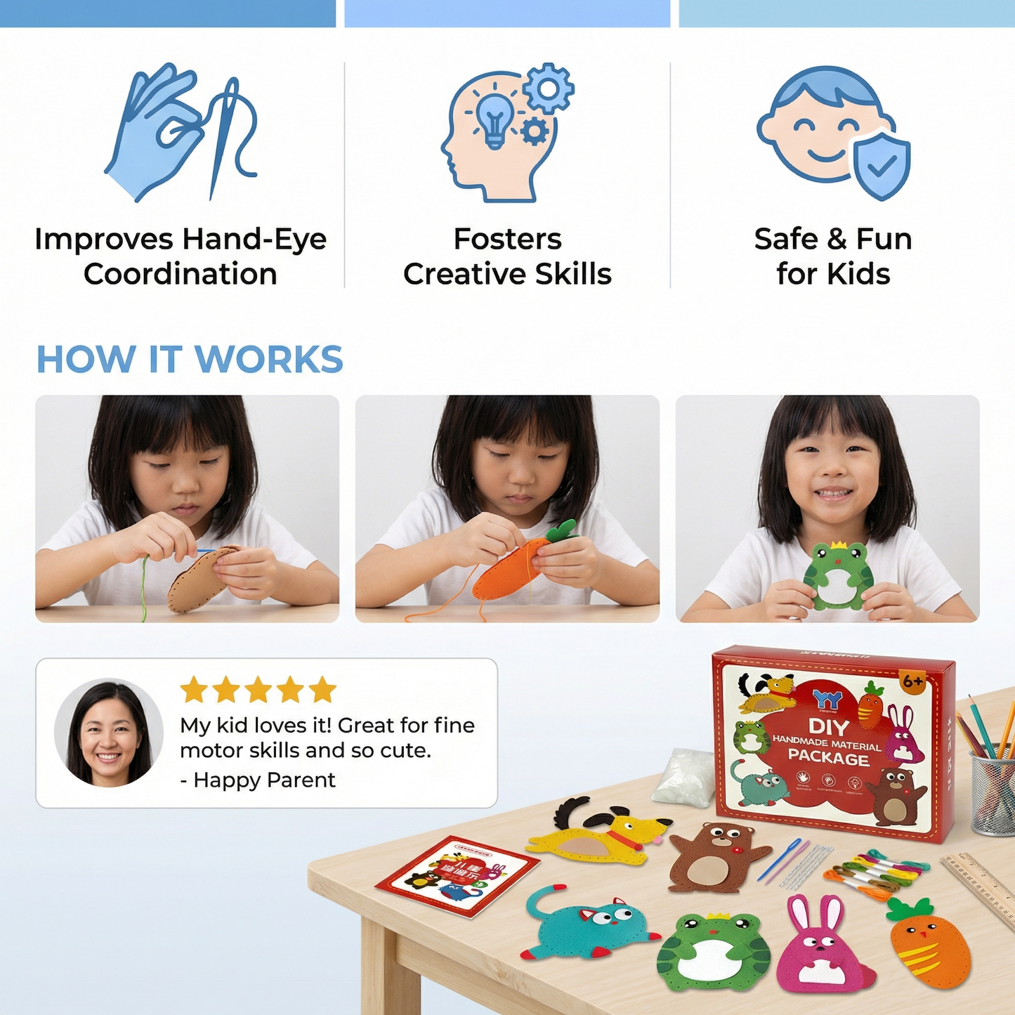 DIY Felt Animal Sewing Kit for Kids ⎜ Fun Craft Set for Hand-Eye Coordination and Creative Skill Building