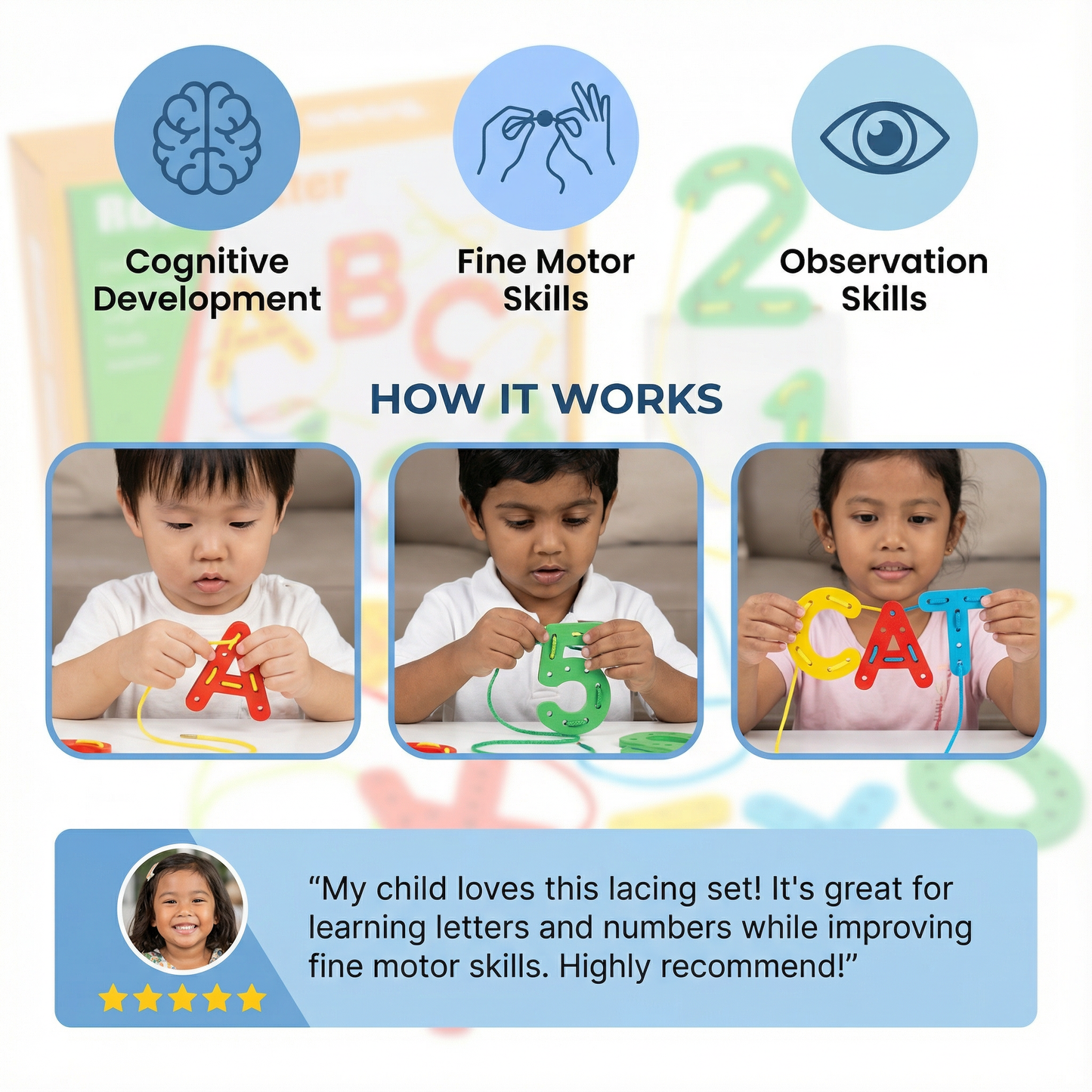 Letters, Numbers, and Colors Bead Stringing Learning Game Made of Wood