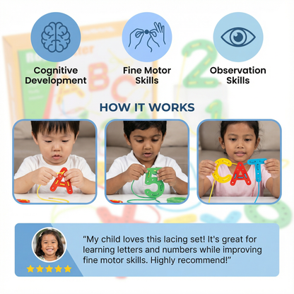 Letters, Numbers, and Colors Bead Stringing Learning Game Made of Wood